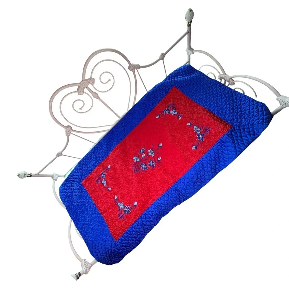 Vintage Asian‎ Quilted Embroidered Duvet Cover Set of 2 Red Blue Floral Boho VTG
